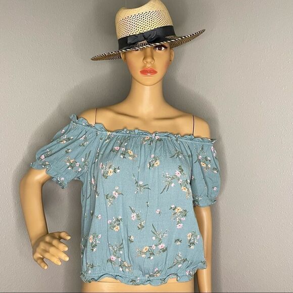 NWT Pink Rose Turquoise Floral On or Off Shoulder Croptop Blouse Size Large - Picture 2 of 12